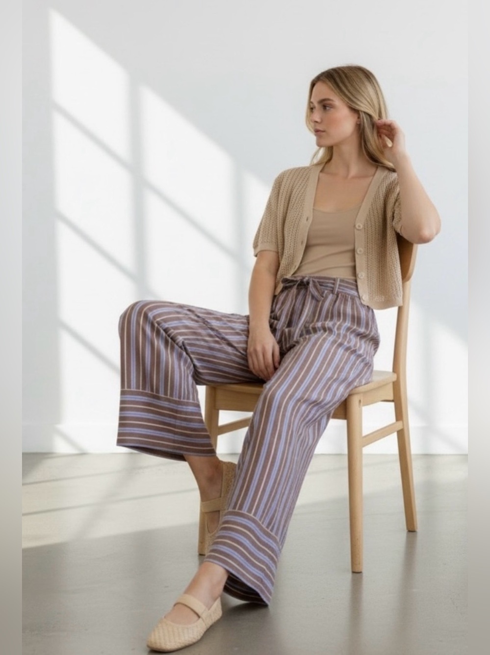 NWT Active USA Brown and Blue wide leg cotton striped pants sz M - Picture 2 of 8